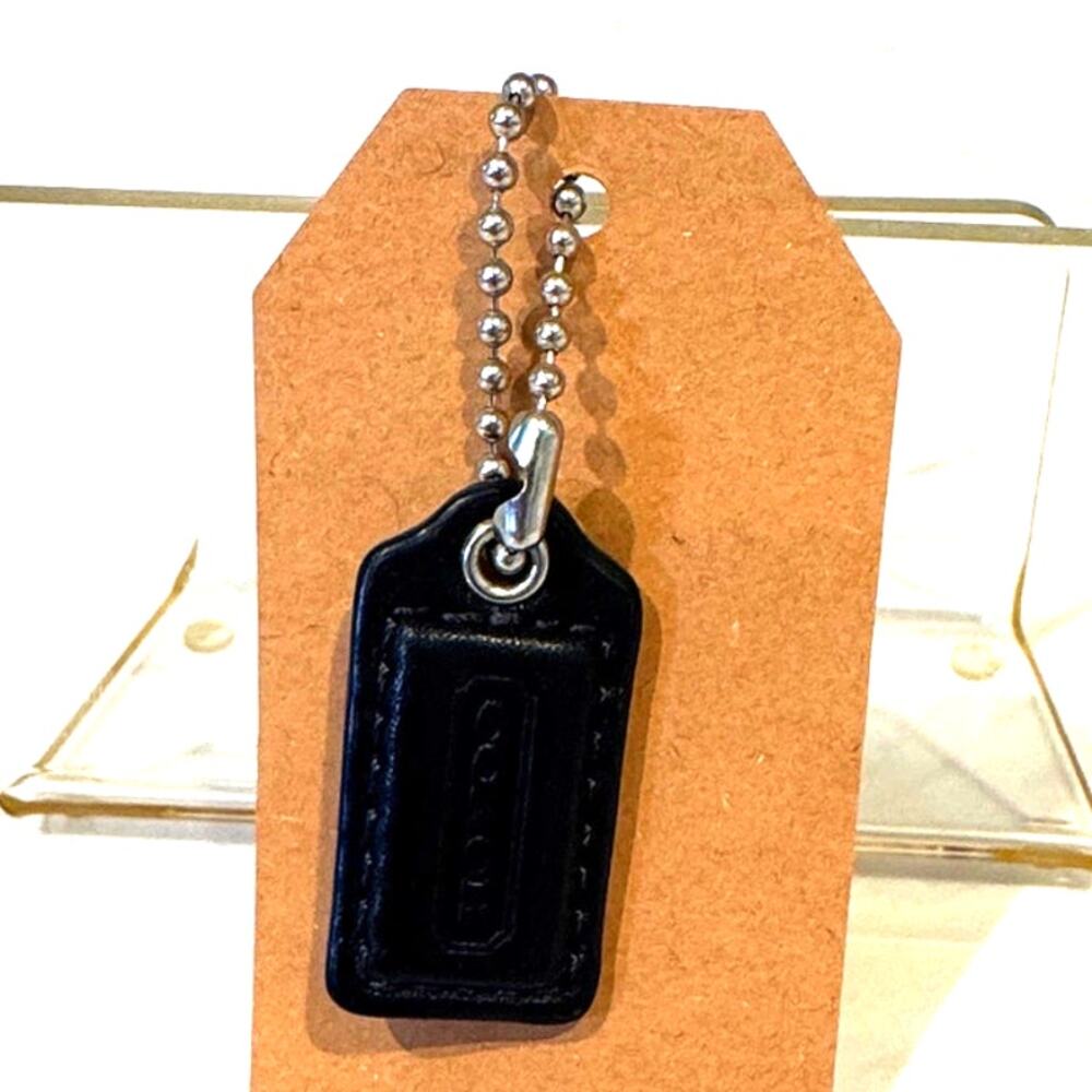 Vintage 90s Coach black leather hangtag or bag charm silver tone chain - Picture 2 of 3